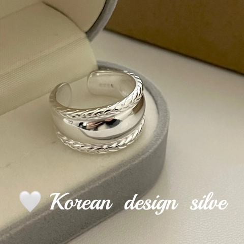 925 Sterling Silver Ring For Women Korean Style Braided Wheat Ear Twist Wide Band Polished Adjustable Open Finger Ring