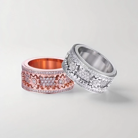 Bague Rotative Engrenage Mécanique Cuivre Zirconia Spinner Ring Style Industriel Steampunk Bijoux Anti-stress Hommes Femmes