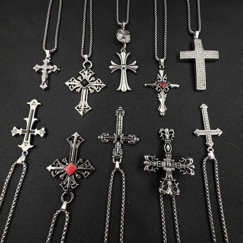 Cross Necklace Pendant Zinc Alloy Hip Hop Gothic Vintage Style Jewelry For Men Unisex Rhinestone Inlaid