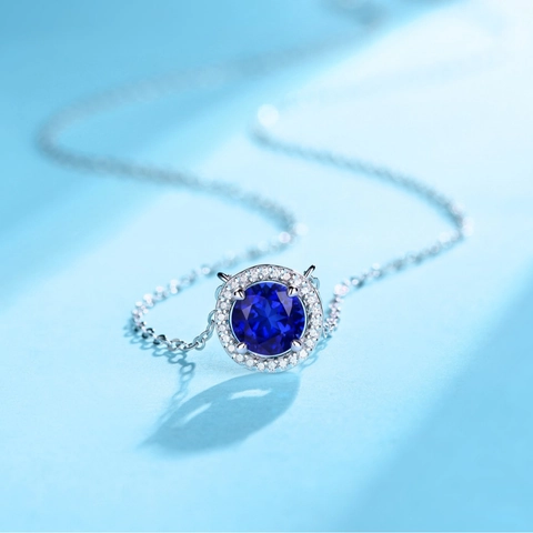 Collana Halo in Argento Sterling S925 Con Zirconia Colore Blu Zaffiro Pendente Tondo con Pietre Preziose Gioielli Eleganti Donna
