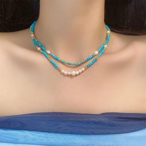 Collana Di Perline Turchesi Bohémien Placcata Oro Rame Perla D Acqua Dolce Girocollo Doppio Strato Collane Moda Donna Gioielli