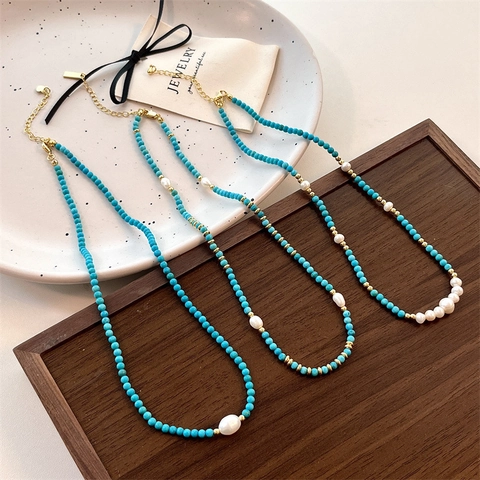 Collana Di Perline Turchesi Bohémien Placcata Oro Rame Perla D Acqua Dolce Girocollo Doppio Strato Collane Moda Donna Gioielli