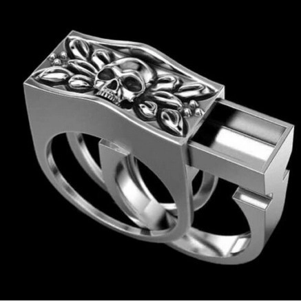 Punk Gothic Skull Secret Compartment Ring Alloy Sliding Drawer Novelty Jewelry For Men Unisex Square Face Design