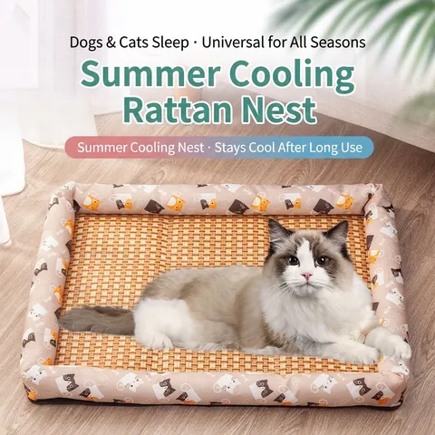 Alfombra de Enfriamiento de Verano para Mascotas Cama de Ratán Tejida Transpirable para Perros Gatos Almohadilla de Enfriamiento