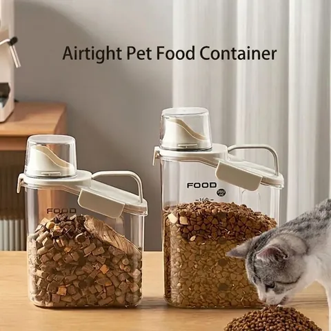 Tragbarer Versiegelter Tierfutter-Vorratsbehälter Mit Messbecher Feuchtigkeitsbeständiger Transparenter Kunststoff Hund Katze Eimer