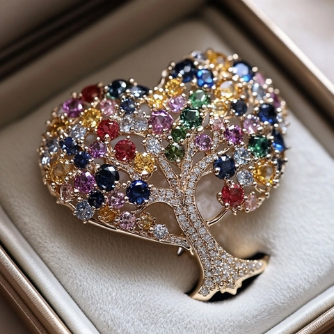 Luxus Kupfer Baum Des Lebens Herz Brosche Für Damen High-End Mehrfarbige Zirkonia Mikro-Pflaster Kristall Blumen Nadel Schmuck