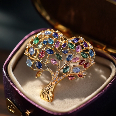 Luxus Kupfer Baum Des Lebens Herz Brosche Für Damen High-End Mehrfarbige Zirkonia Mikro-Pflaster Kristall Blumen Nadel Schmuck