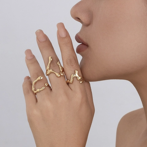 Set de Anillos de Aleación Metal Líquido Lava Irregular Chapado en Oro Plata Abierto Ajustable Diseño de Nicho Joyería de Moda para Mujer
