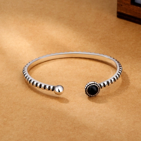 Retro Schwarz Achat Rund Offener Armreif Für Damen Vintage Versilbertes Kupfer Verstellbares Armband Schmuck Zubehör Geschenk