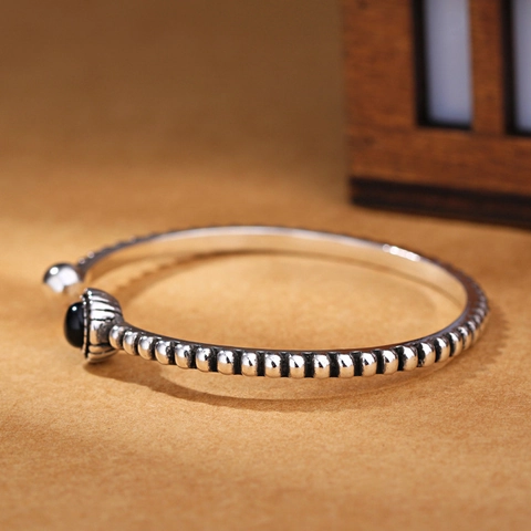 Retro Schwarz Achat Rund Offener Armreif Für Damen Vintage Versilbertes Kupfer Verstellbares Armband Schmuck Zubehör Geschenk
