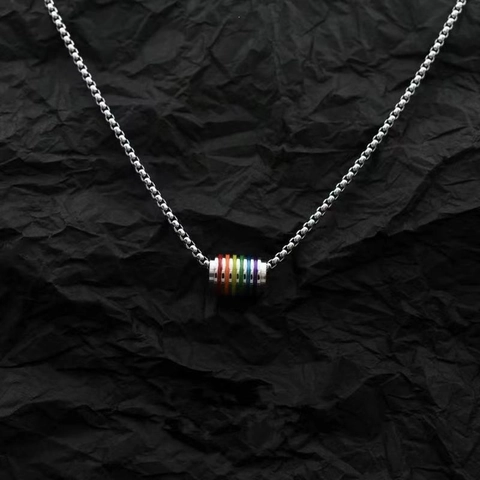 Unisex Hip Hop Rainbow Pendant Necklace Titanium Steel Colorful Striped Cylinder Drip Oil Enamel Box Chain Jewelry Gift