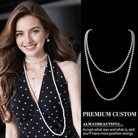 Elegant Long Double Layer Artificial Pearl Necklace For Women Copper Round Faux Artificial Pearl Luxury Fashion Sweater Chain Jewelry Gift