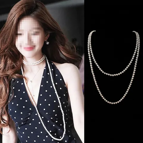 French Retro White Imitation Artificial Pearl Long Necklace Double Layer Teardrop Pendant Sweater Chain Elegant Jewelry For Women