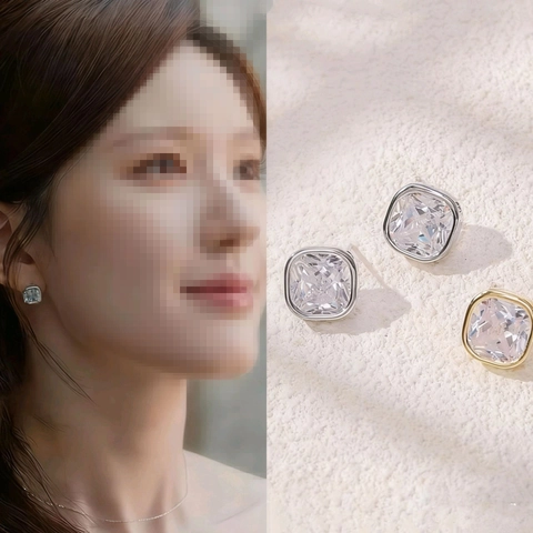 Geometric Square Zircon Earrings With 925 Sterling Silver Earring Post Copper 18K Gold Plated Two-Way Wear Retro Style Women