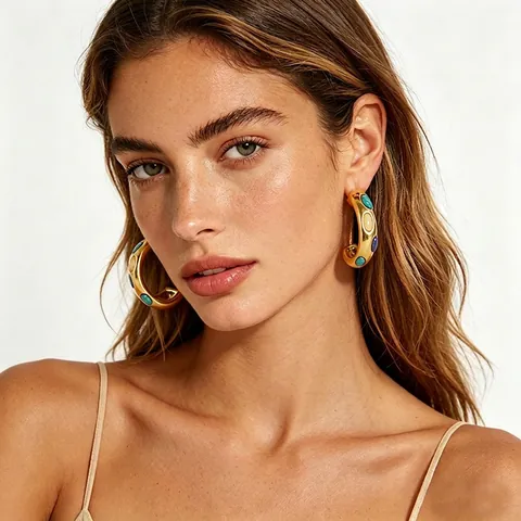 C Shape Hoop Earrings 18K Gold Plated Stainless Steel Natural Turquoise Multicolor Gemstone Retro Bohemia For Women