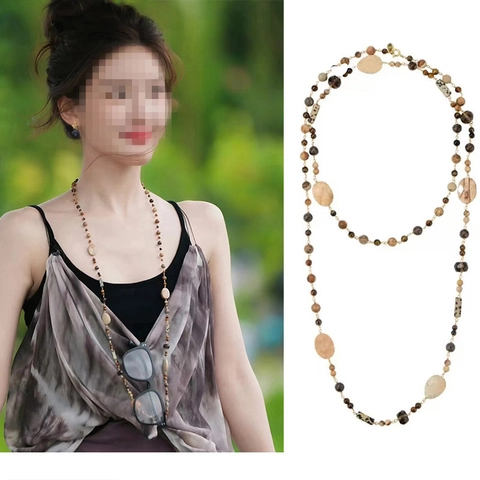 Collana Lunga Di Perline Rame Placcato Oro Con Perline Di Diaspro In Pietra Naturale Gioielli Stile Etnico Vintage Per Donna