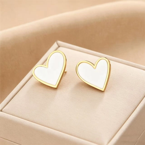 Hart Oorknopjes Roestvrij Staal 18K Verguld Zwart Emaille Witte Schelp Geometrische Sieraden Voor Vrouwen Meisjes