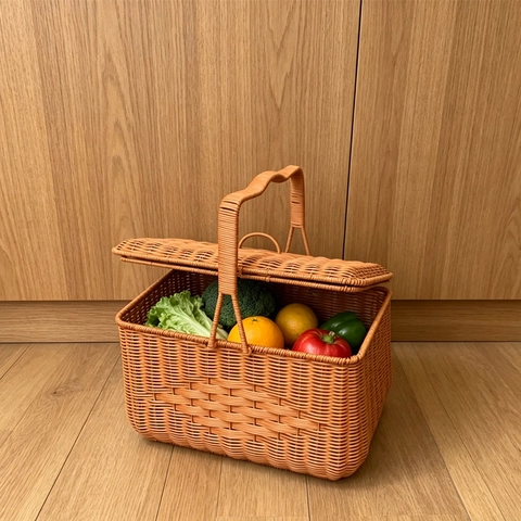 Woven Storage Basket Imitation Rattan Picnic Basket With Handle Lid Portable Handheld Shopping Fruit Organizer For Outdoor