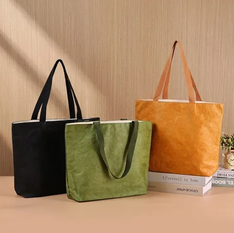 Wasbare Kraftpapier Tote Tas Milieuvriendelijke Herbruikbare Boodschappentas Met Gekreukte Textuur Dupont Papier Handtas Voor Dames