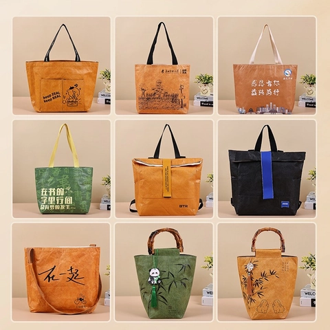 Wasbare Kraftpapier Tote Tas Milieuvriendelijke Herbruikbare Boodschappentas Met Gekreukte Textuur Dupont Papier Handtas Voor Dames