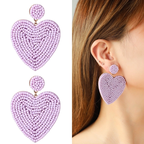 Bohemian Handmade Colorful Seed Bead Heart Dangle Earrings For Women Oversized Beadwork Statement Earrings Jewelry Gift