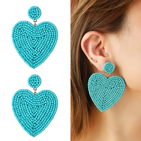 Bohemian Handmade Colorful Seed Bead Heart Dangle Earrings For Women Oversized Beadwork Statement Earrings Jewelry Gift