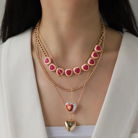 Alloy Heart Necklace And Long Drop Earrings With Imitation Pearl Enamel Valentine Jewelry For Women Layered Accessories