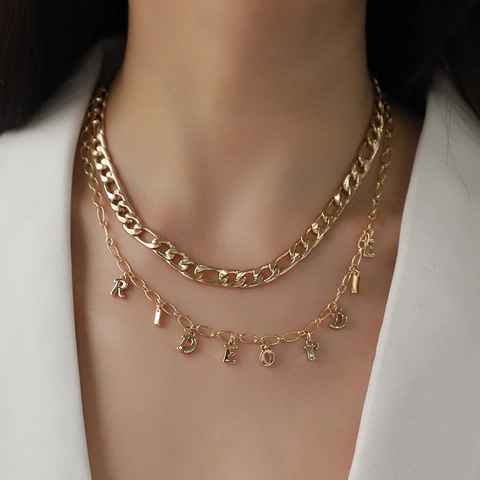 Gold Plated Alloy Double Layered Heart Letter Pendant Necklace Set For Couples Men Women Fashion Layered Curb Chain Jewelry Gift