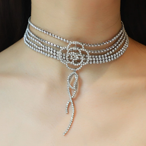 Exaggerated Copper Zirconia Flower Choker Necklace For Women Silver Rhinestone Multilayer Tassel Necklaces For Wedding Party Jewelry