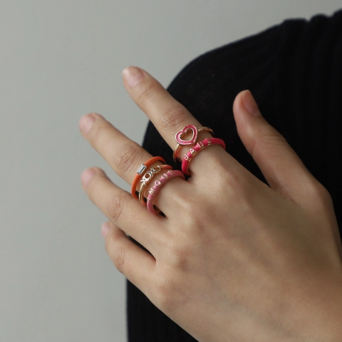 Fashion Alloy Gold Plated Rings Enamel Heart Letter Amore Babe Xoxo Zirconia Artificial Pearl Rings For Women Valentine Day Jewelry