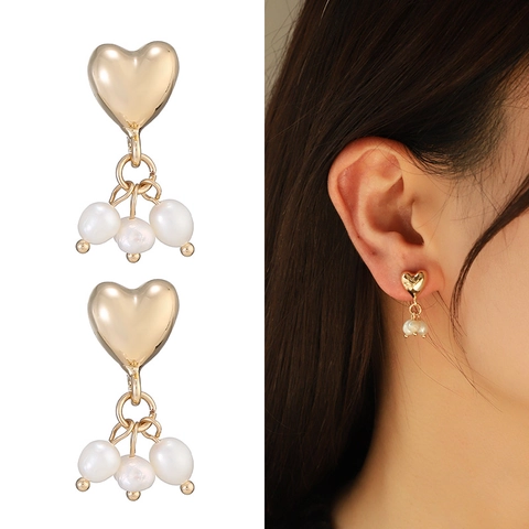 Freshwater Pearl Heart Pendant Necklace And Earrings Set For Women Vintage Gold Plated Alloy Baroque Jewelry Romantic Gift