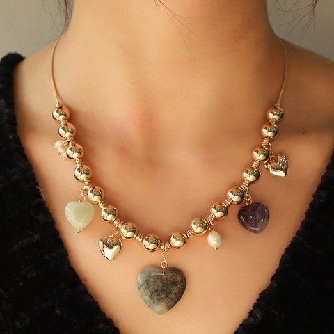 Natural Stone Heart Pendant Beaded Jewelry For Women Gold Plated Metal Beads Artificial Pearl Necklace And Bracelet Bohemian Gift