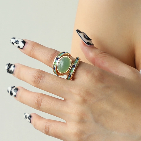 Vintage Gold Plated Zinc Alloy Statement Ring Bohemian Artificial Gemstone Inlaid Turquoise Style Retro Ethnic Jewelry For Women