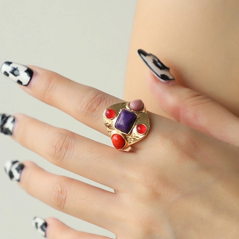 Vintage Gold Plated Zinc Alloy Statement Ring Bohemian Artificial Gemstone Inlaid Turquoise Style Retro Ethnic Jewelry For Women