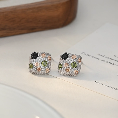 Orecchini a Bottone Quadrati in Rame con Zirconia e Perno in Argento Sterling 925 Gioielli Moda Coreana Geometrici Oro Argento per Donna
