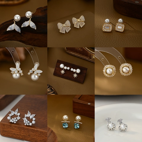 Orecchini a Bottone Francesi Vintage con Perle Artificiali Fiocco e Stella per Donna Gioielli in Rame con Strass e Perno in Argento 925