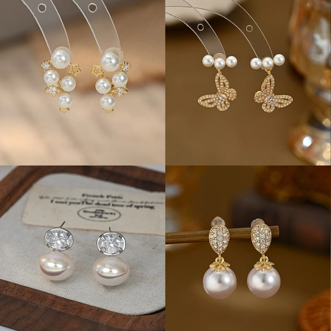 Orecchini a Bottone Francesi Vintage con Perle Artificiali Fiocco e Stella per Donna Gioielli in Rame con Strass e Perno in Argento 925