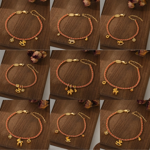 Zodiac Horse Red String Bracelet For Women Gold Plated Copper Bracelet With Heart Coin Flower Charm Chinese New Year Jewelry Gift