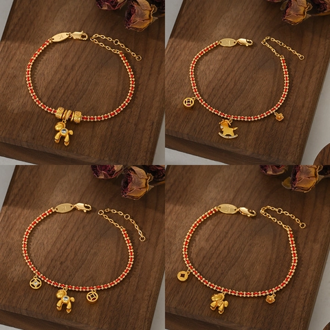 Zodiac Horse Red String Bracelet For Women Gold Plated Copper Bracelet With Heart Coin Flower Charm Chinese New Year Jewelry Gift