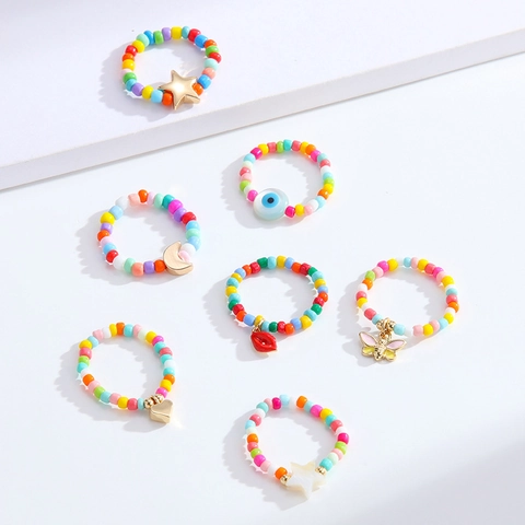 Fashion Handmade Beaded Rings For Women Colorful Seed Beads Smiley Face Star Charms Elastic Stackable Bohemian Jewelry