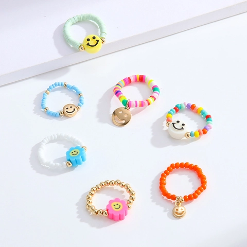 Fashion Handmade Beaded Rings For Women Colorful Seed Beads Smiley Face Star Charms Elastic Stackable Bohemian Jewelry