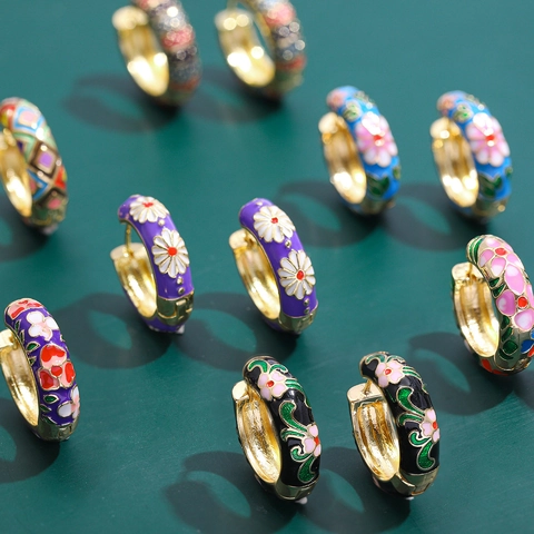 Enamel Floral Hoop Earrings Vintage Gold Plated Copper Colorful Flower Drop Oil For Women Ethnic Bohemian Jewelry Gift