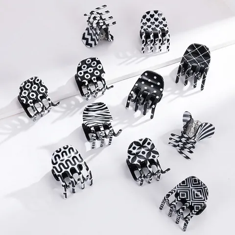 Monochrome Black White Checkerboard Stripe Houndstooth Mini Hair Claws Set For Women Acrylic Geometric Zebra Pattern Hair Clips
