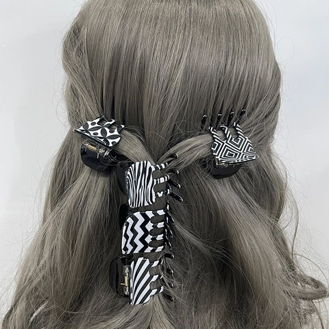 Monochrome Black White Checkerboard Stripe Houndstooth Mini Hair Claws Set For Women Acrylic Geometric Zebra Pattern Hair Clips