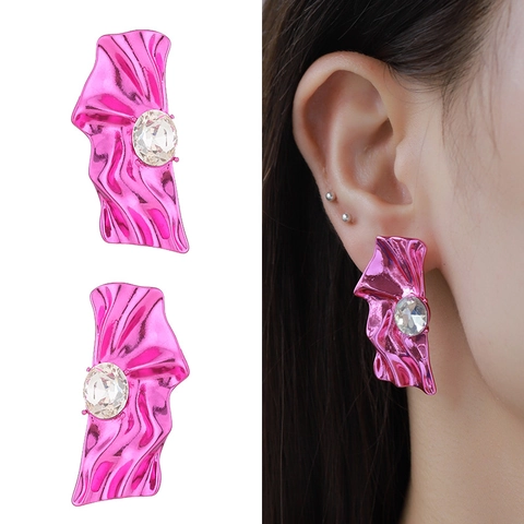 Cyberpunk Metallic Wrinkled Statement Stud Earrings Alloy Glass Diamond Inlaid Jewelry For Women Party Pink Blue Fashion