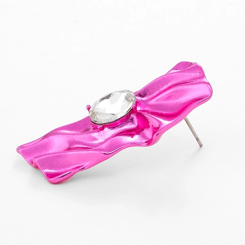 Cyberpunk Metallic Wrinkled Statement Stud Earrings Alloy Glass Diamond Inlaid Jewelry For Women Party Pink Blue Fashion