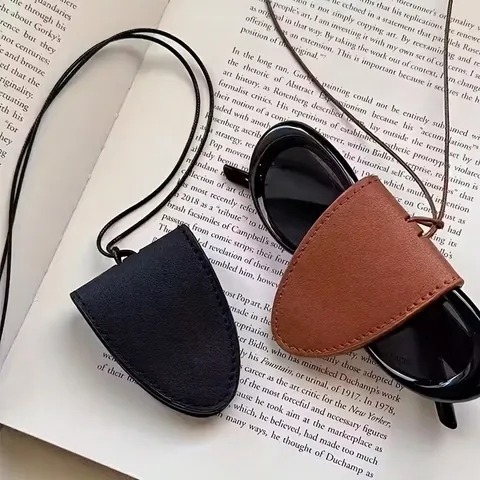 Portable PU Leather Sunglasses Case Hanging Neck Glasses Storage Bag Magnetic Litchi Texture Eyeglass Holder Protector