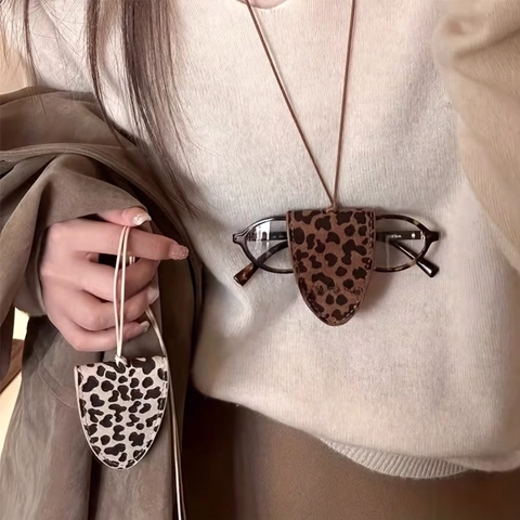 Portable PU Leather Glasses Case Hanging Neck Pouch Leopard Print Sunglasses Storage Bag For Women Accessories