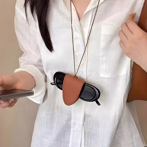 Portable PU Leather Sunglasses Case Hanging Neck Glasses Storage Bag Magnetic Litchi Texture Eyeglass Holder Protector