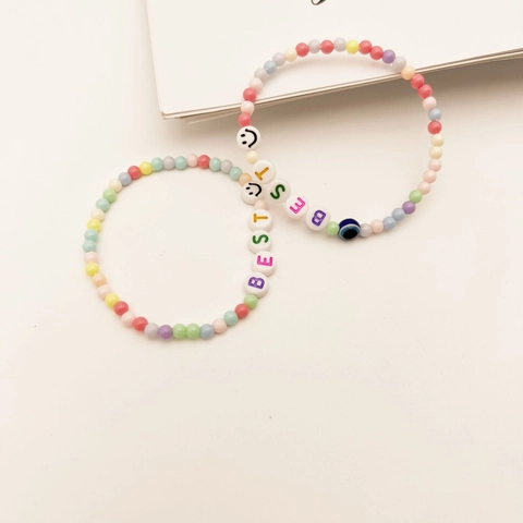 Boheems Gekleurde Kralen Armband Voor Kinderen Meisjes Acryl Letterkralen Boze Oog Hart Smiley Gezicht Vriendschap Stretch Armband